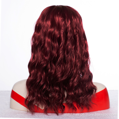 Wholesale long burgunly red natural wave wig with natural bangs synthetie hair wig for women